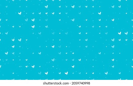 Seamless background pattern of evenly spaced white chicken symbols of different sizes and opacity. Vector illustration on cyan background with stars