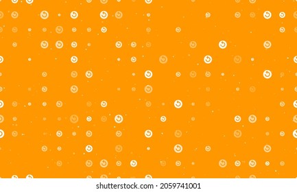 Seamless background pattern of evenly spaced white replay media symbols of different sizes and opacity. Vector illustration on orange background with stars