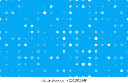 Seamless background pattern of evenly spaced white pentagon symbols of different sizes and opacity. Vector illustration on light blue background with stars