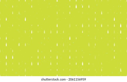 Seamless background pattern of evenly spaced white beer bottle symbols of different sizes and opacity. Vector illustration on lime background with stars