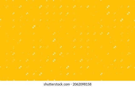 Seamless background pattern of evenly spaced white zodiac sagittarius symbols of different sizes and opacity. Vector illustration on amber background with stars