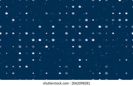 Seamless background pattern of evenly spaced white maple leafs of different sizes and opacity. Vector illustration on dark blue background with stars