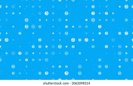 Seamless background pattern of evenly spaced white replay media symbols of different sizes and opacity. Vector illustration on light blue background with stars