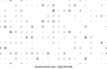Seamless background pattern of evenly spaced black zodiac pisces symbols of different sizes and opacity. Vector illustration on white background