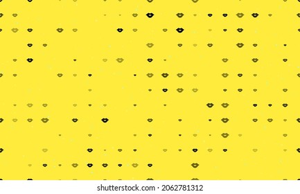 Seamless background pattern of evenly spaced black lips symbols of different sizes and opacity. Vector illustration on yellow background with stars