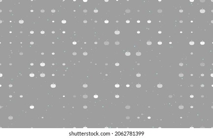 Seamless background pattern of evenly spaced white pumpkin symbols of different sizes and opacity. Vector illustration on gray background with stars
