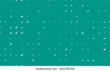 Seamless background pattern of evenly spaced white goose symbols of different sizes and opacity. Vector illustration on teal background with stars