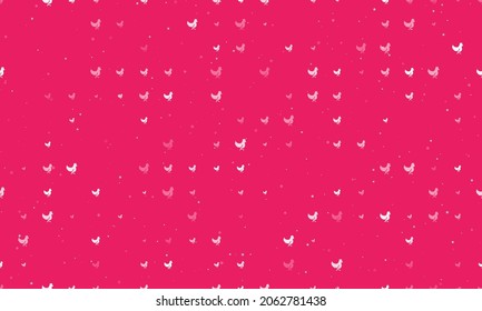 Seamless background pattern of evenly spaced white chicken symbols of different sizes and opacity. Vector illustration on pink background with stars