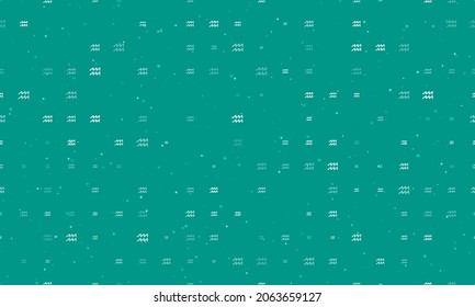 Seamless background pattern of evenly spaced white zodiac aquarius symbols of different sizes and opacity. Vector illustration on teal background with stars