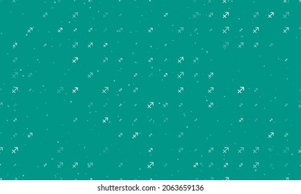 Seamless background pattern of evenly spaced white zodiac sagittarius symbols of different sizes and opacity. Vector illustration on teal background with stars