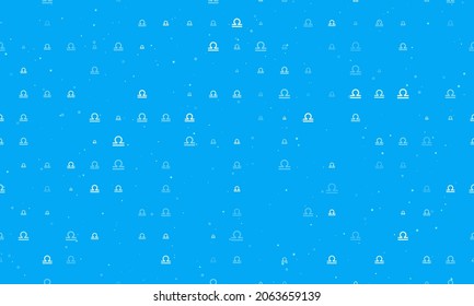 Seamless background pattern of evenly spaced white zodiac libra symbols of different sizes and opacity. Vector illustration on light blue background with stars
