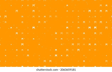 Seamless background pattern of evenly spaced white women's jacket symbols of different sizes and opacity. Vector illustration on orange background with stars