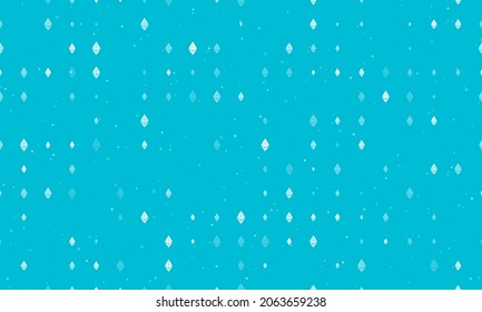 Seamless background pattern of evenly spaced white ethereum symbols of different sizes and opacity. Vector illustration on cyan background with stars