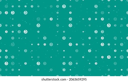 Seamless background pattern of evenly spaced white replay media symbols of different sizes and opacity. Vector illustration on teal background with stars