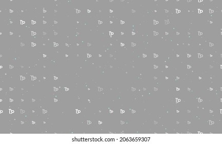 Seamless background pattern of evenly spaced white zodiac capricorn symbols of different sizes and opacity. Vector illustration on grey background with stars