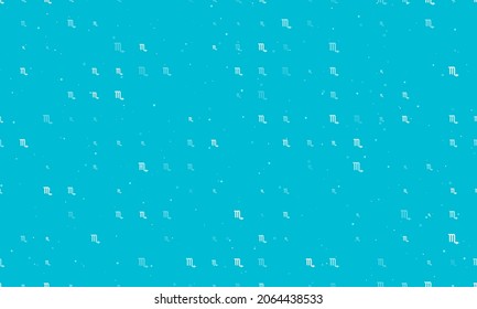 Seamless background pattern of evenly spaced white zodiac scorpio symbols of different sizes and opacity. Vector illustration on cyan background with stars