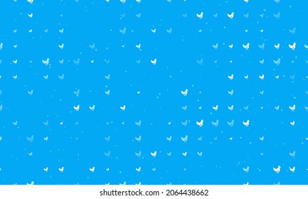 Seamless background pattern of evenly spaced white chicken symbols of different sizes and opacity. Vector illustration on light blue background with stars