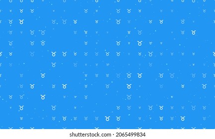 Seamless background pattern of evenly spaced white zodiac taurus symbols of different sizes and opacity. Vector illustration on blue background with stars