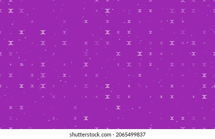 Seamless background pattern of evenly spaced white zodiac gemini symbols of different sizes and opacity. Vector illustration on purple background with stars