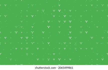 Seamless background pattern of evenly spaced white zodiac aries symbols of different sizes and opacity. Vector illustration on green background with stars