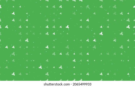 Seamless background pattern of evenly spaced white spinner symbols of different sizes and opacity. Vector illustration on green background with stars