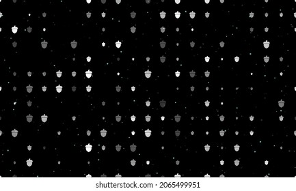 Seamless background pattern of evenly spaced white acorn symbols of different sizes and opacity. Vector illustration on black background with stars