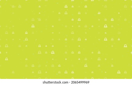 Seamless background pattern of evenly spaced white zodiac libra symbols of different sizes and opacity. Vector illustration on lime background with stars