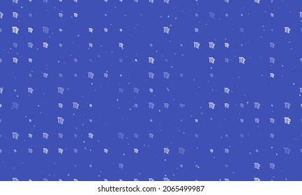 Seamless background pattern of evenly spaced white zodiac virgo symbols of different sizes and opacity. Vector illustration on indigo background with stars