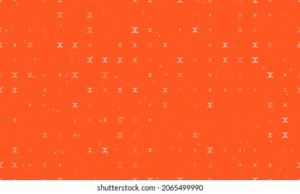 Seamless background pattern of evenly spaced white zodiac gemini symbols of different sizes and opacity. Vector illustration on deep orange background with stars
