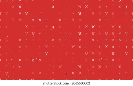 Seamless background pattern of evenly spaced white zodiac taurus symbols of different sizes and opacity. Vector illustration on red background with stars