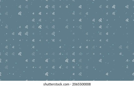 Seamless background pattern of evenly spaced white zodiac leo symbols of different sizes and opacity. Vector illustration on blue grey background with stars