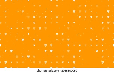 Seamless background pattern of evenly spaced white theatrical masks of different sizes and opacity. Vector illustration on orange background with stars