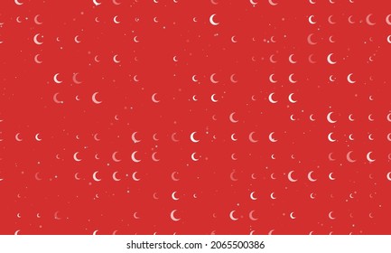 Seamless background pattern of evenly spaced white moon symbols of different sizes and opacity. Vector illustration on red background with stars