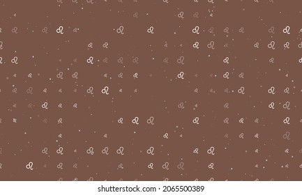 Seamless background pattern of evenly spaced white zodiac leo symbols of different sizes and opacity. Vector illustration on brown background with stars