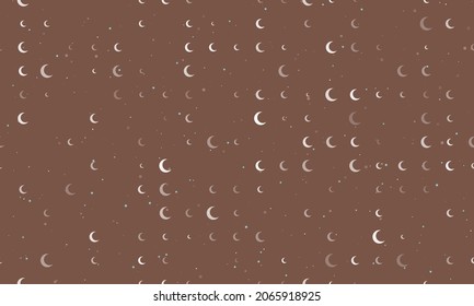 Seamless background pattern of evenly spaced white moon symbols of different sizes and opacity. Vector illustration on brown background with stars