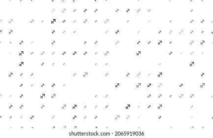 Seamless background pattern of evenly spaced black zodiac sagittarius symbols of different sizes and opacity. Vector illustration on white background