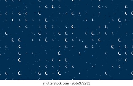 Seamless background pattern of evenly spaced white moon symbols of different sizes and opacity. Vector illustration on dark blue background with stars