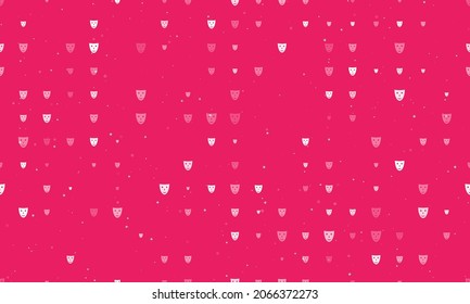 Seamless background pattern of evenly spaced white theatrical masks of different sizes and opacity. Vector illustration on pink background with stars