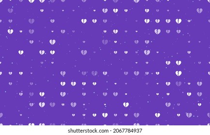 Seamless background pattern of evenly spaced white broken heart symbols of different sizes and opacity. Vector illustration on deep purple background with stars