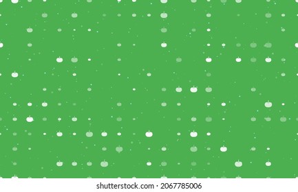 Seamless background pattern of evenly spaced white pumpkin symbols of different sizes and opacity. Vector illustration on green background with stars