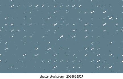 Seamless background pattern of evenly spaced white dog bone symbols of different sizes and opacity. Vector illustration on blue grey background with stars
