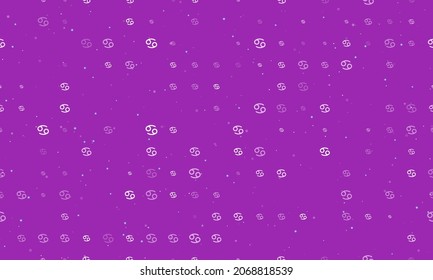 Seamless background pattern of evenly spaced white cancer zodiac symbols of different sizes and opacity. Vector illustration on purple background with stars