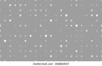 Seamless background pattern of evenly spaced white theatrical masks of different sizes and opacity. Vector illustration on gray background with stars