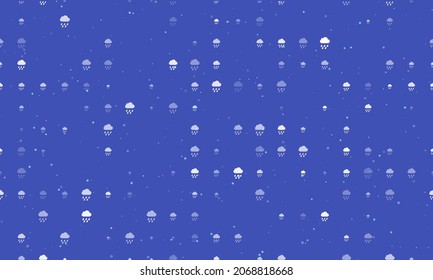 Seamless background pattern of evenly spaced white rain symbols of different sizes and opacity. Vector illustration on indigo background with stars