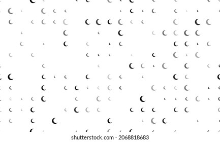 Seamless background pattern of evenly spaced black moon symbols of different sizes and opacity. Vector illustration on white background