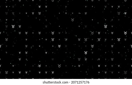 Seamless background pattern of evenly spaced white zodiac taurus symbols of different sizes and opacity. Vector illustration on black background with stars