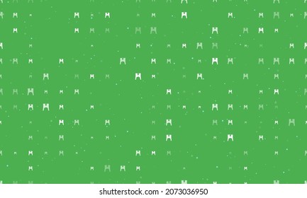Seamless background pattern of evenly spaced white women's jacket symbols of different sizes and opacity. Vector illustration on green background with stars