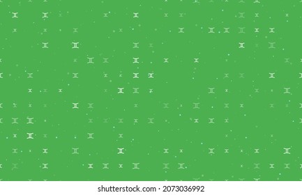Seamless background pattern of evenly spaced white zodiac gemini symbols of different sizes and opacity. Vector illustration on green background with stars