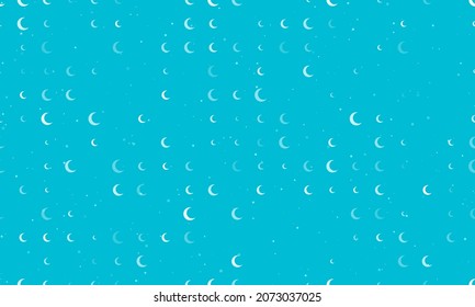 Seamless background pattern of evenly spaced white moon symbols of different sizes and opacity. Vector illustration on cyan background with stars