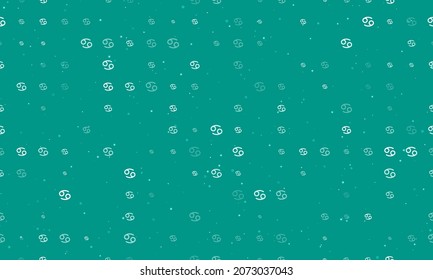 Seamless background pattern of evenly spaced white cancer zodiac symbols of different sizes and opacity. Vector illustration on teal background with stars